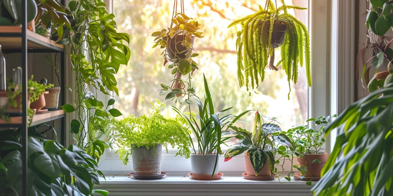 A bright living room filled with various indoor plants including a large Snake Plant in a corner, ZZ Plants on a shelf, and a hanging Boston Fern, all contributing to clean air and aesthetic appeal.