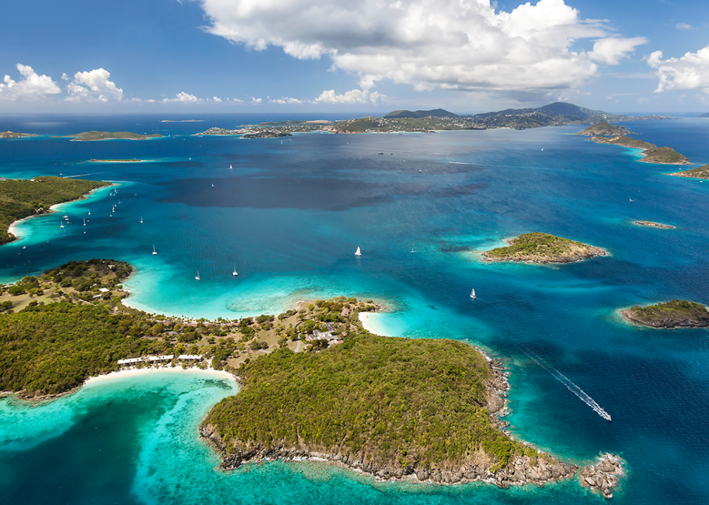 Caneel Bay on the island of St. John with St. Thomas in the distance.