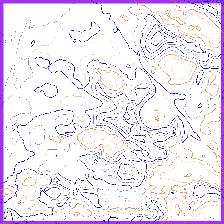 1.25m Contours generated from the DTM - Blue = Positive (hills), Orange = Negative (depressions)