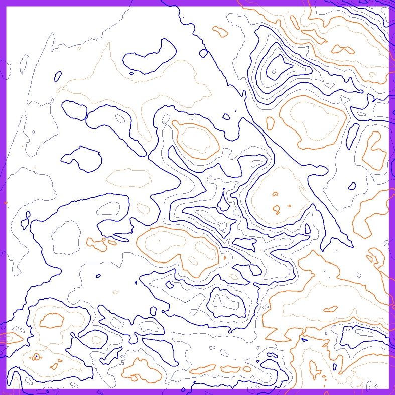 1.25m Contours generated from the DTM - Blue = Positive (hills), Orange = Negative (depressions)