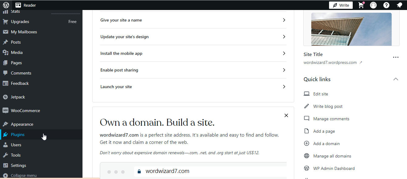 WordPress homepage with the Plugin tab