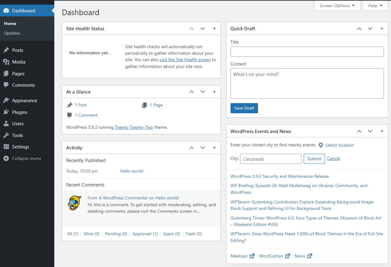 Wordpress dashboard