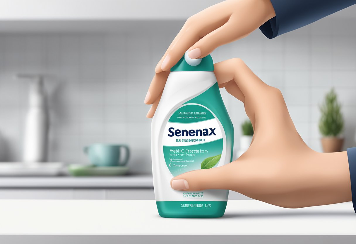 A bottle of Semenax sits on a clean, white countertop. A hand reaches for it, showcasing its safety and effectiveness