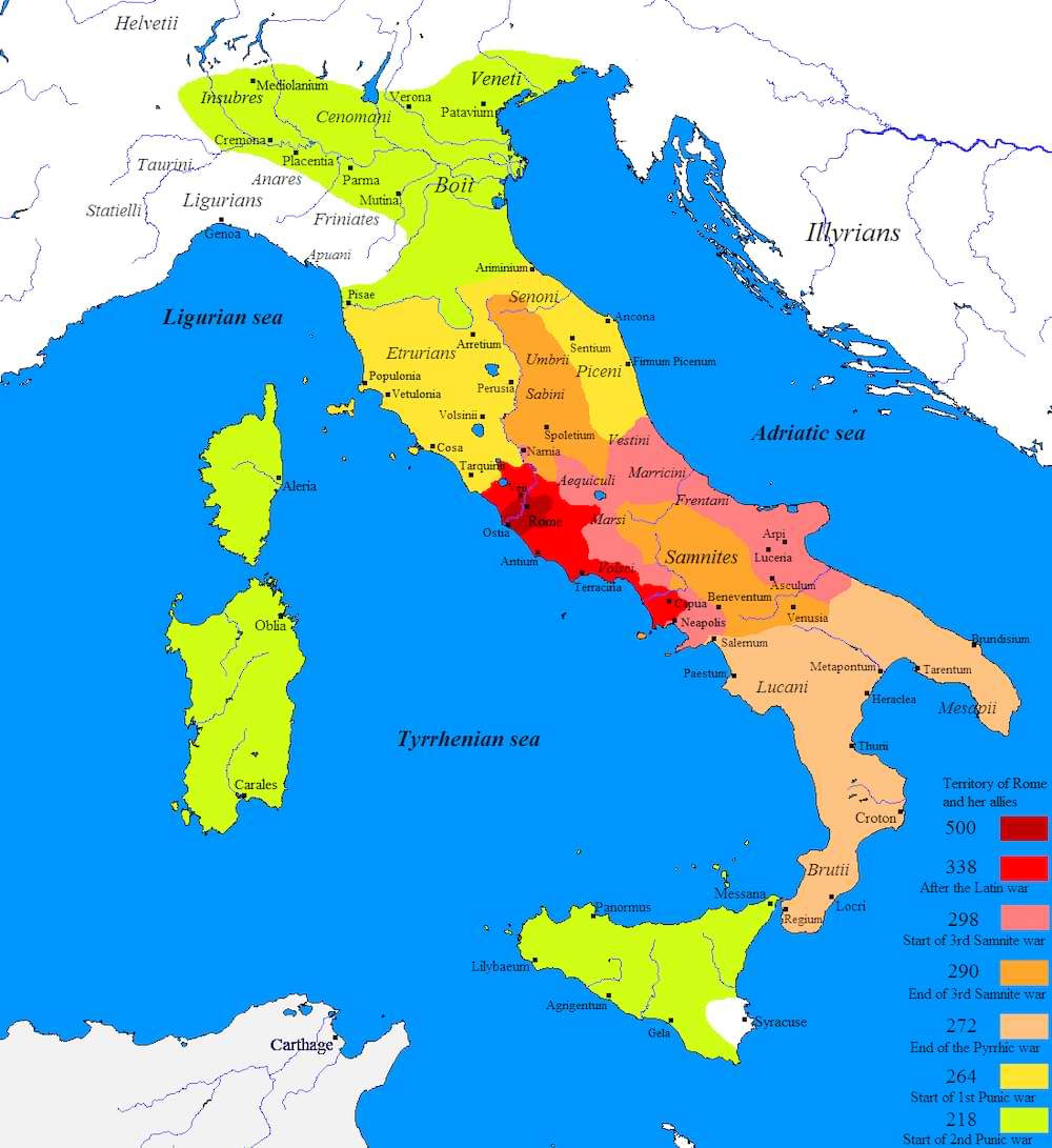 Roman expansion in Italy from 500 BCE to 218 BCE. The Roman Republic in 500 BCE is marked with dark red.