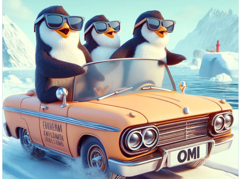 A group of penguins driving a car

Description automatically generated