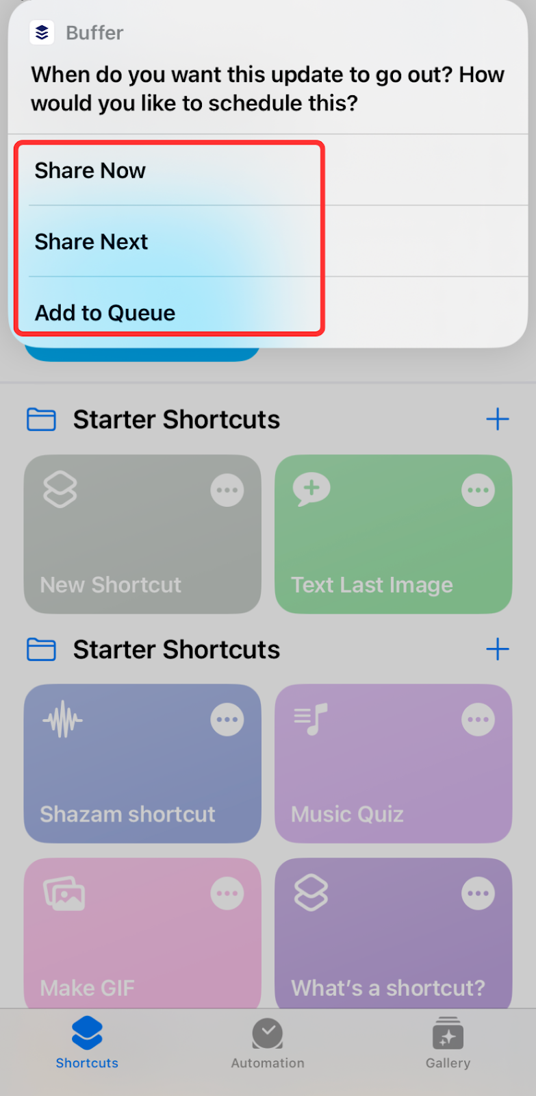 A screenshot showing how to schedule to Bluesky using Apple's shortcuts and Buffer