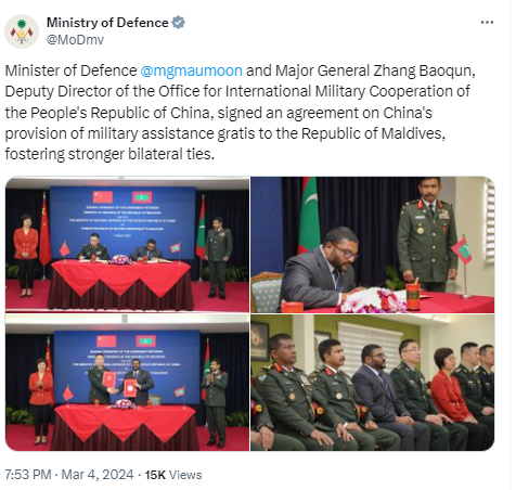 tweet about china maldives defence pact