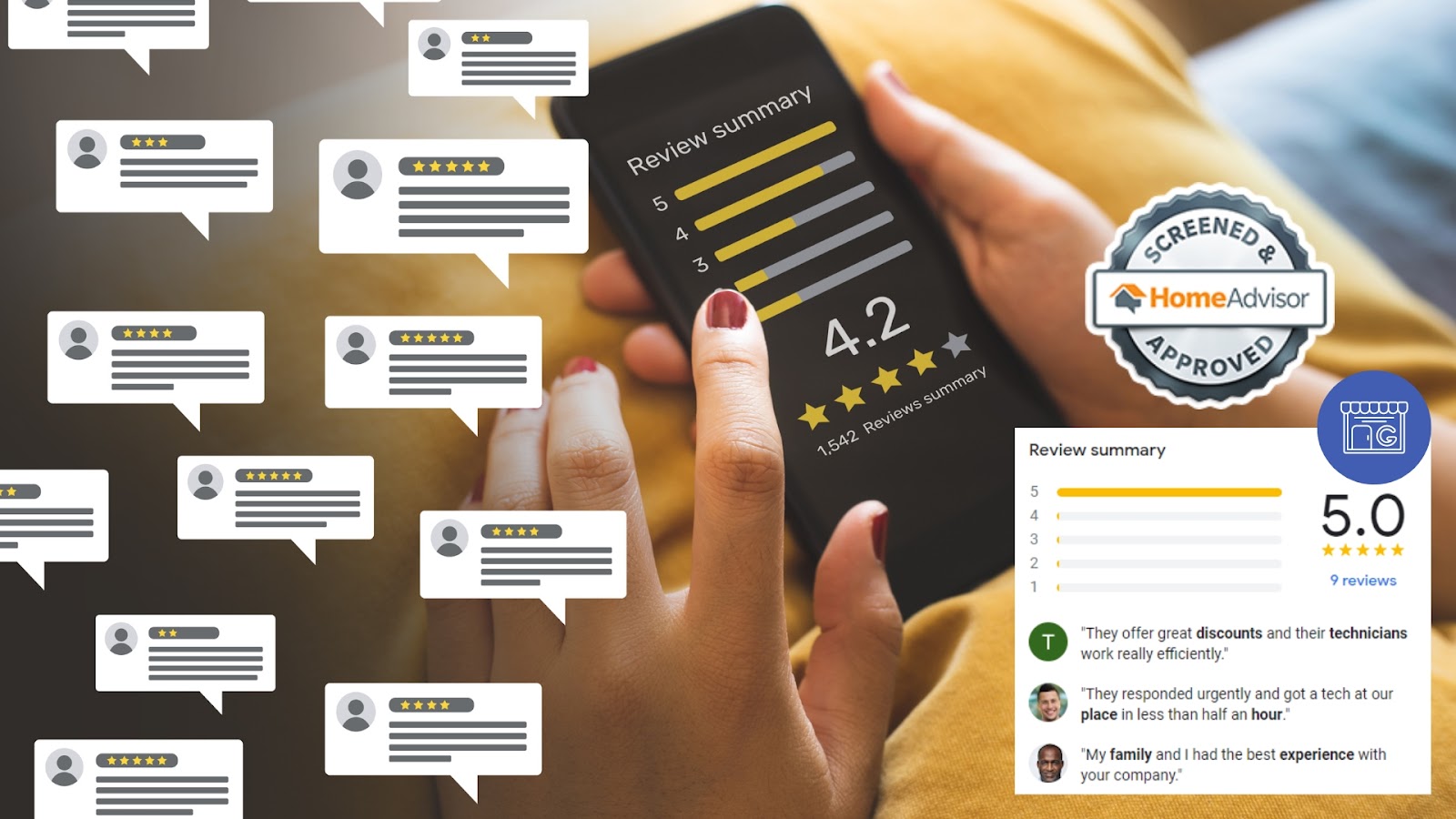 A consumer checking a roller door supplier's online customer reviews