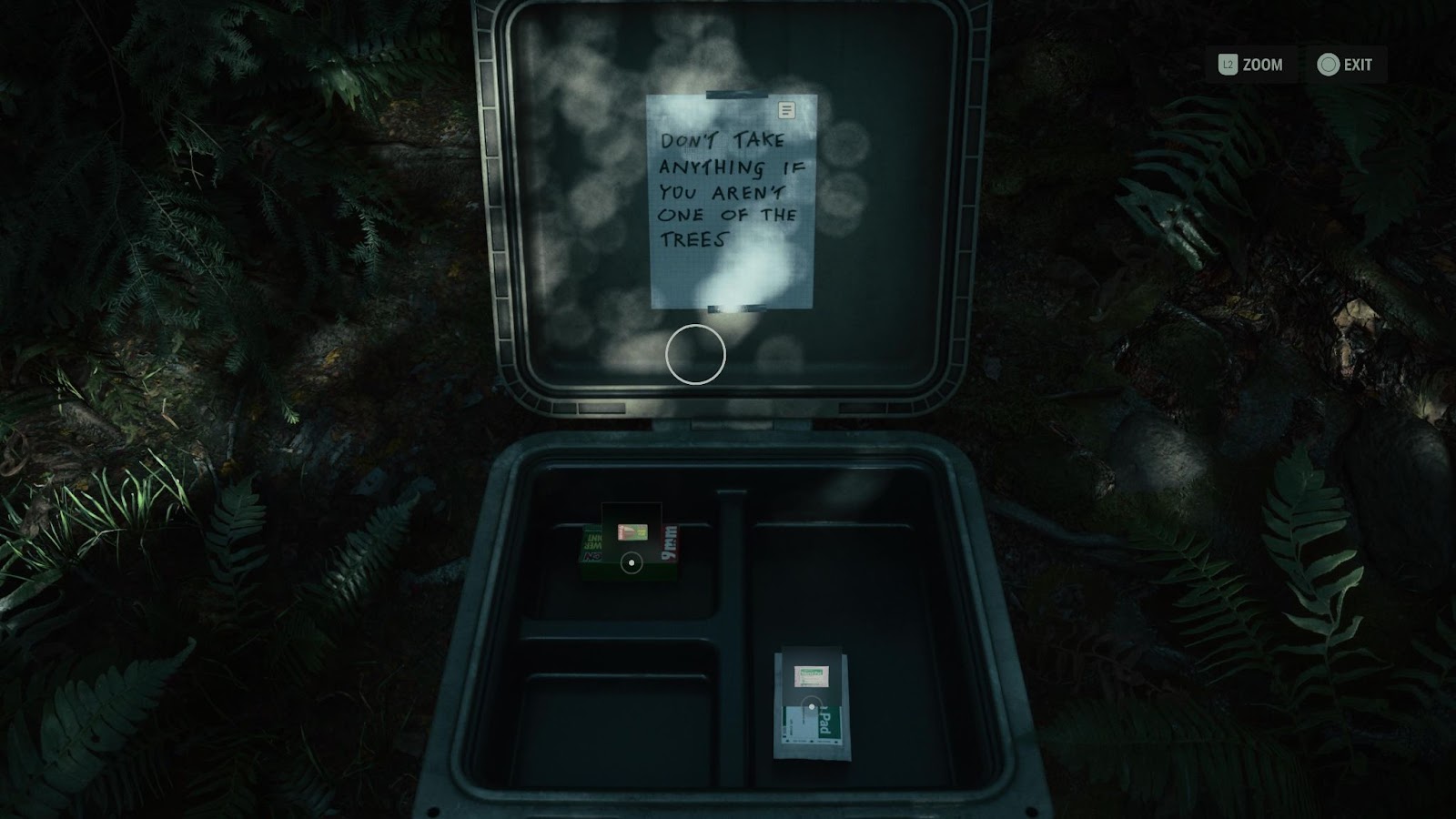 An in game screenshot of the Cauldron Lake cult house stash box from Alan Wake II. 