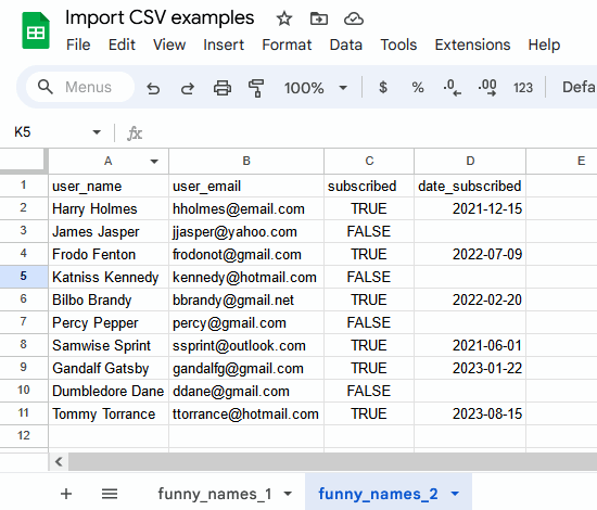 Google Sheets automatically imports variable names from the first row