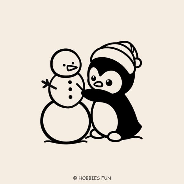 Cute penguin drawing, Penguin with a Snowman