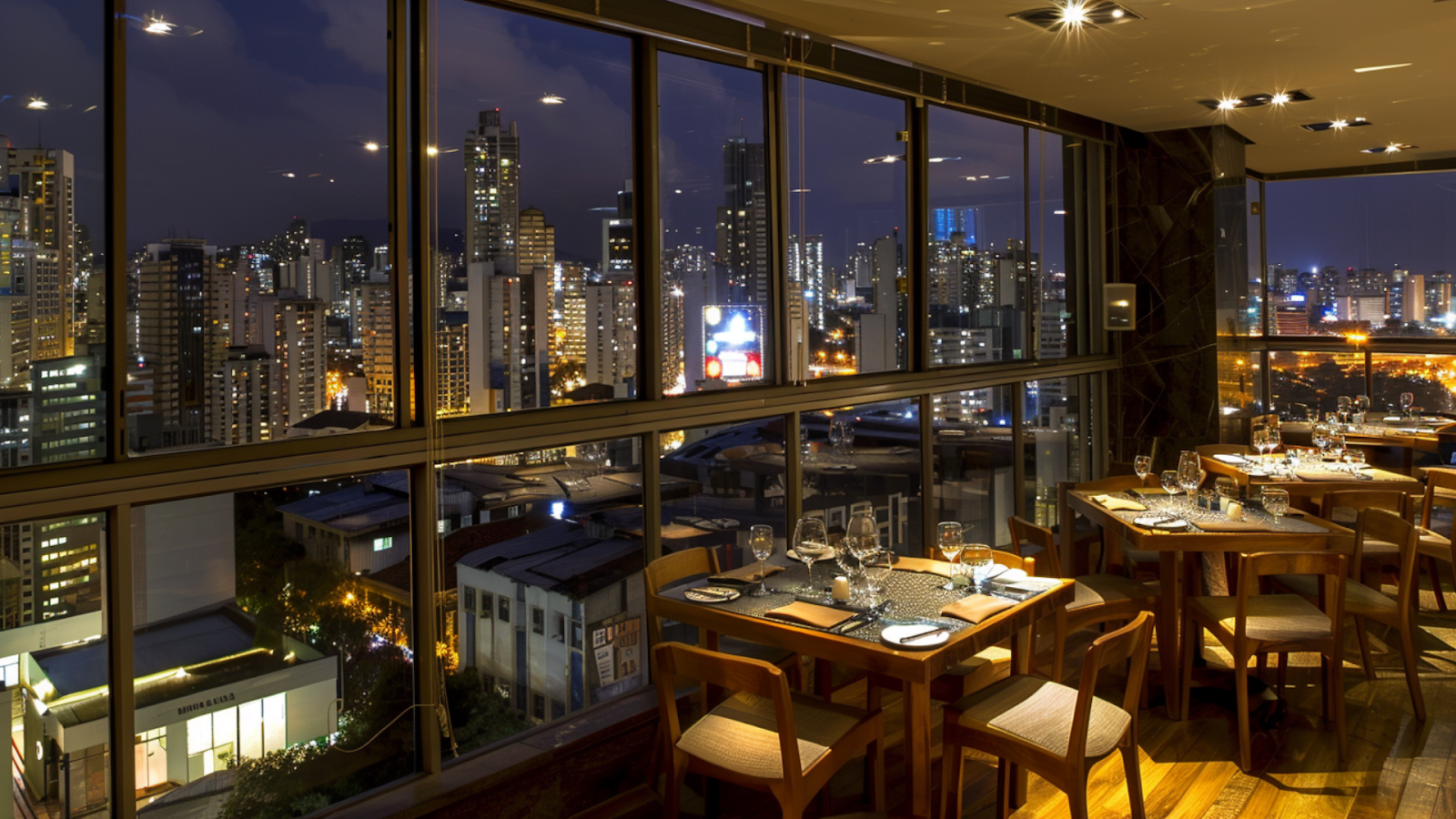Floor-to-ceiling windows of an instagrammable restaurant with a view of the Sao Paulo cityscape at night