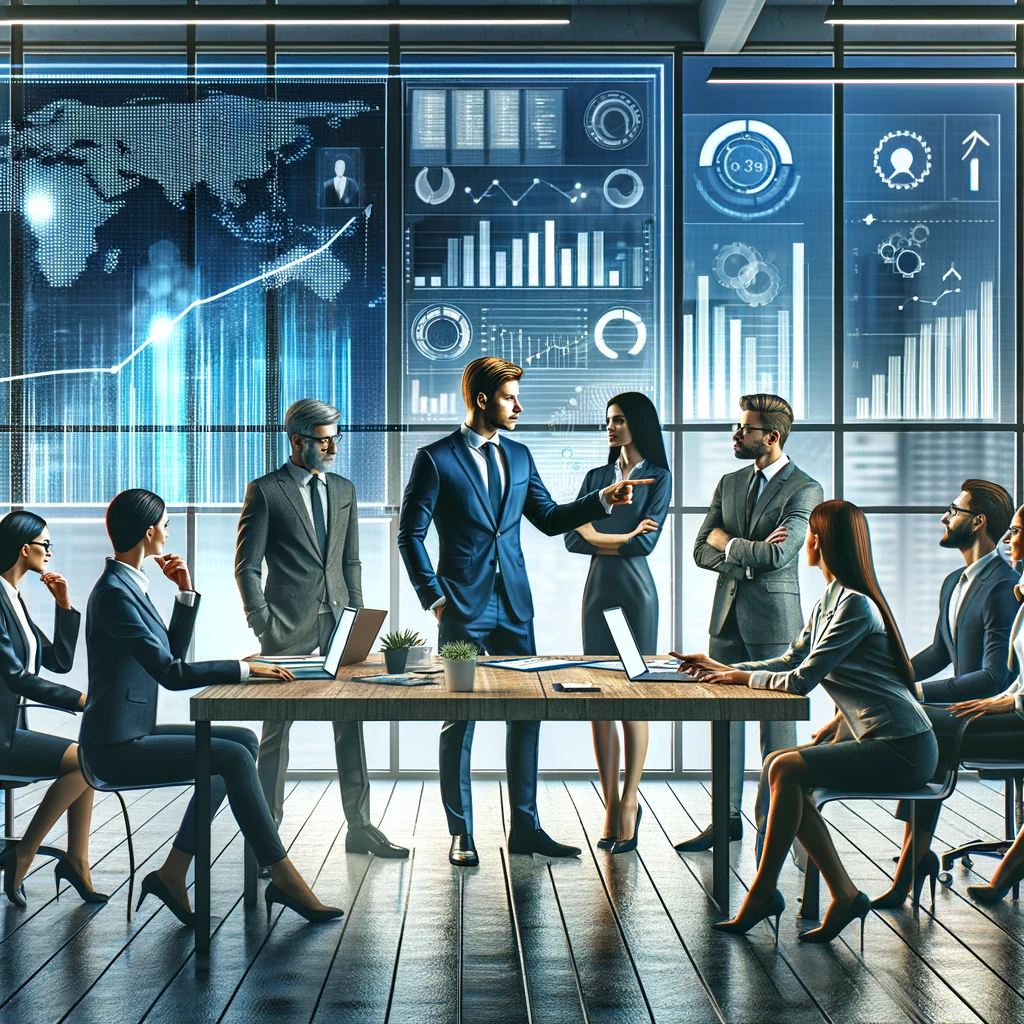 A group of business people discussing data in a meeting room, surrounded by graphs and charts.