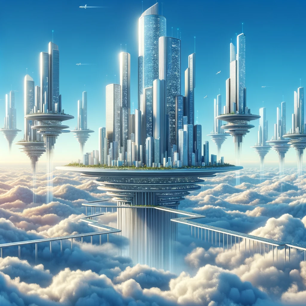 Illustration of a mesmerizing floating city above the clouds. Multiple floating platforms at varying altitudes are interconnected with elegant bridges. Tall skyscraper-like buildings made of gleaming materials rise from the platforms. The backdrop is a vibrant blue sky with fluffy white clouds around and below the city structures, casting subtle shadows on the platforms.