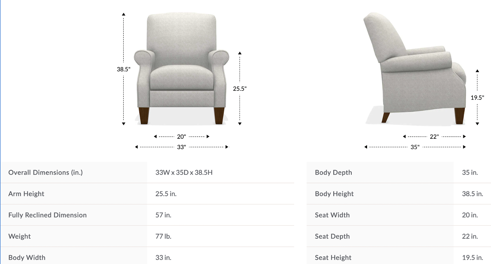 charlotte high leg recliner chair dimensions