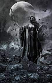 A black and white picture of Badb. She is standing above a battle field. She is wearing a Celtic cloak and holding a spear and sheild. There is a full moon behind her. 