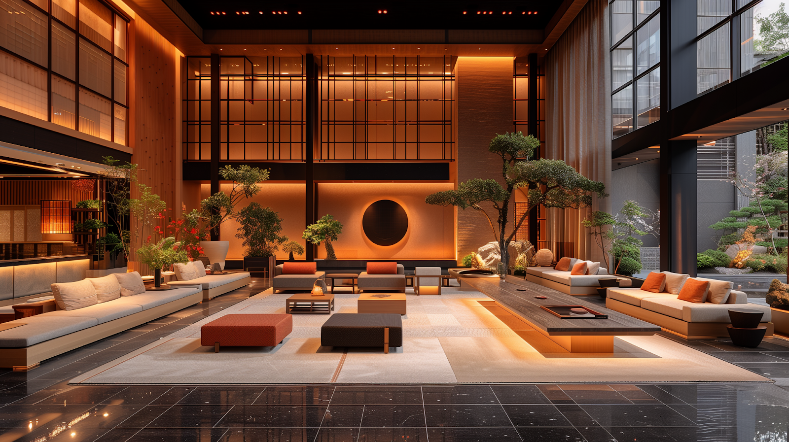 Vibrant Tokyo boutique hotel lobby with minimalist design