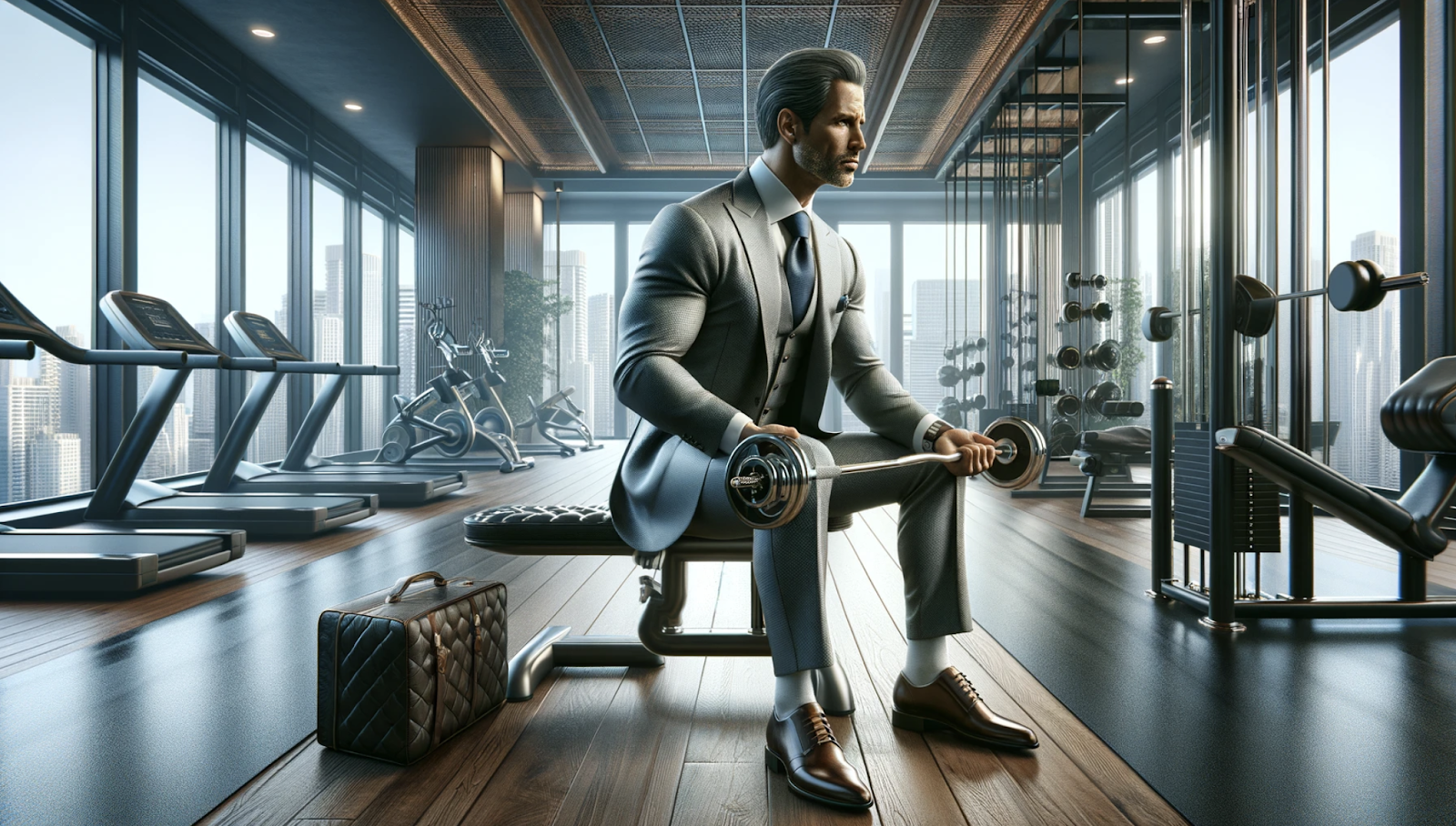 AI generated image of a businessman in a suit doing a workout