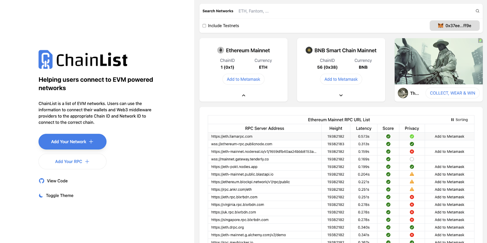 Screenshot of Chainlist and it shows a list of public RPC endpoints for Ethereum.