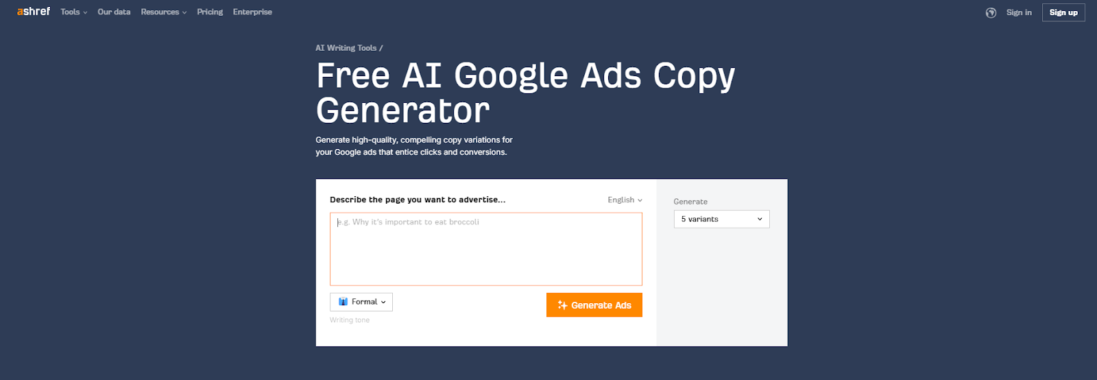 Ahrefs' Google Ads Copy Generator