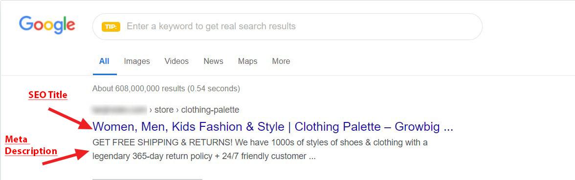 This is a screenshot of the SEO title and meta description 