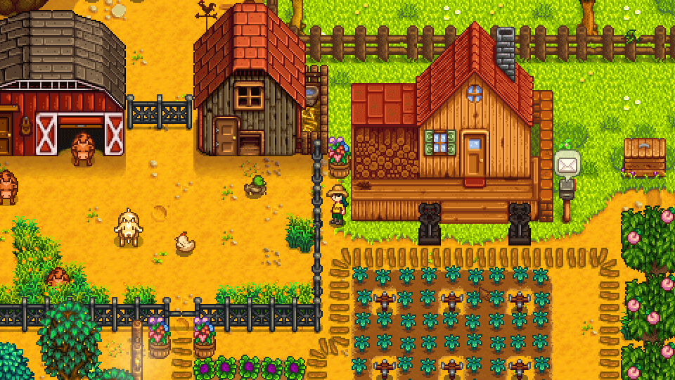 A screenshot of a farm on Stardew Valley perfect game for holiday cozy gaming.