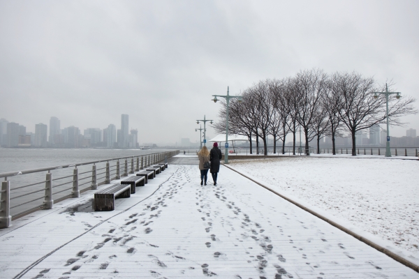 Lots of footprints in the snow in Hudson River Park