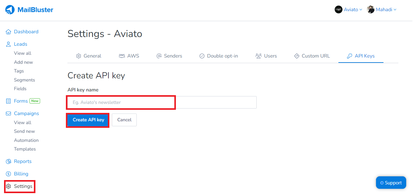 Creating API key in MailBluster