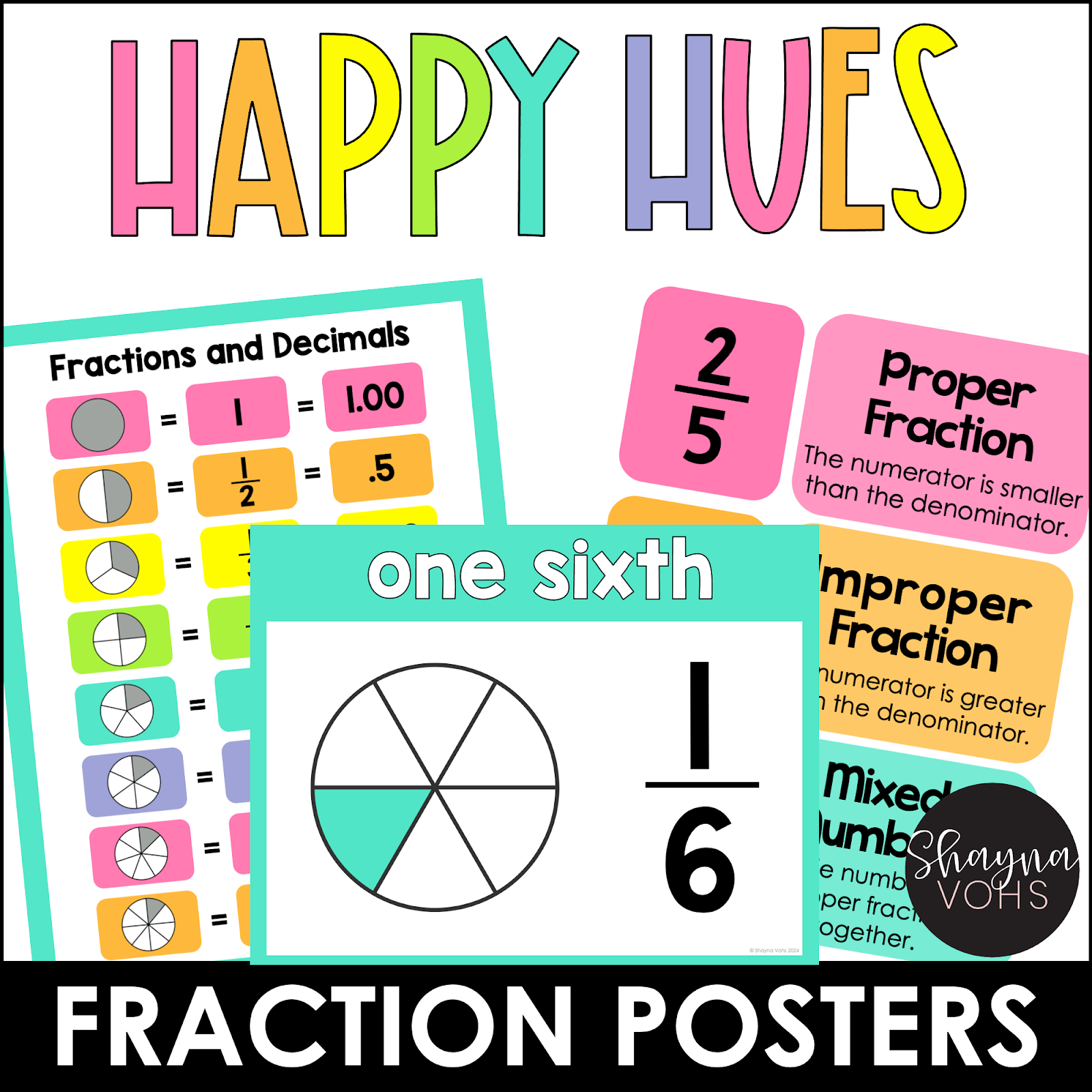 This image shows fraction posters in a Bright, Happy hues color scheme. 