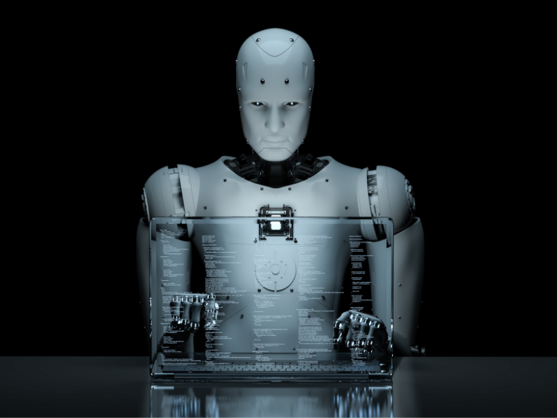 A humanoid AI robot working at a glass laptop managing multiple social posts.