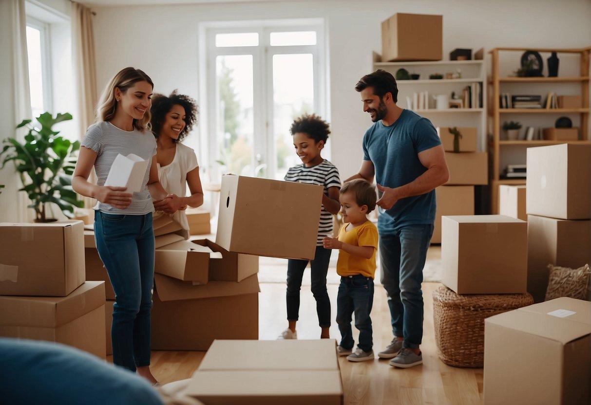 A family unpacks boxes in a spacious living room. Children play with toys while parents arrange furniture. Moving boxes and a "New Home" guidebook are visible