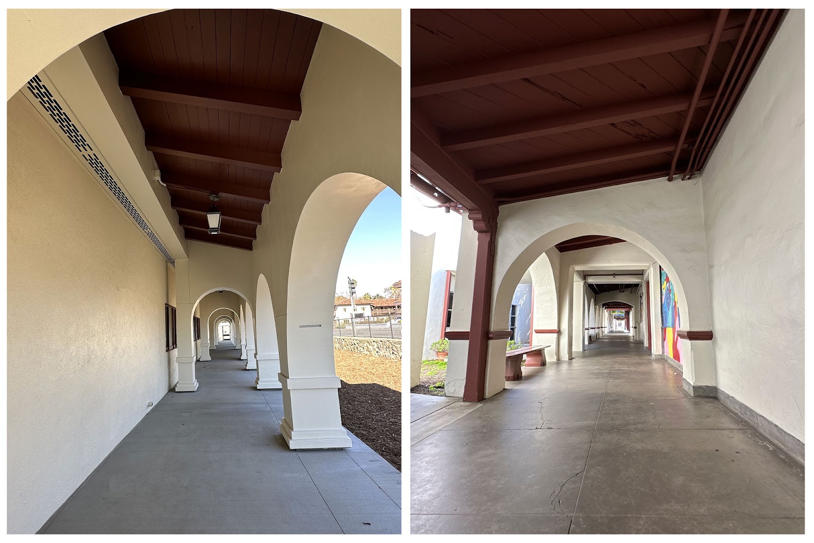 A new hallway (left) at Vista Magnet School reflects the same historical architectural style as the original building (right)