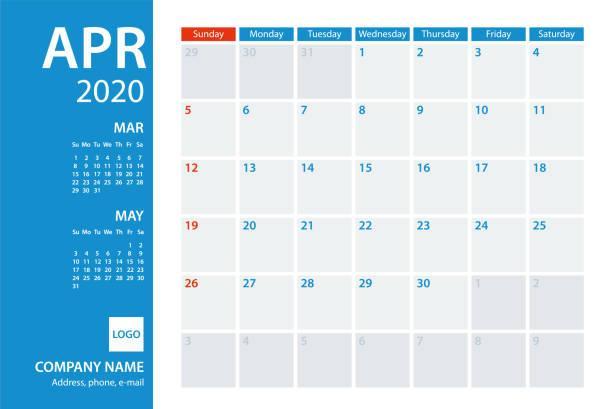 2020 April Calendar Planner Vector Template. Week starts Sunday 2020 April Calendar Planner Vector Template. Week starts Sunday business calendar stock illustrations