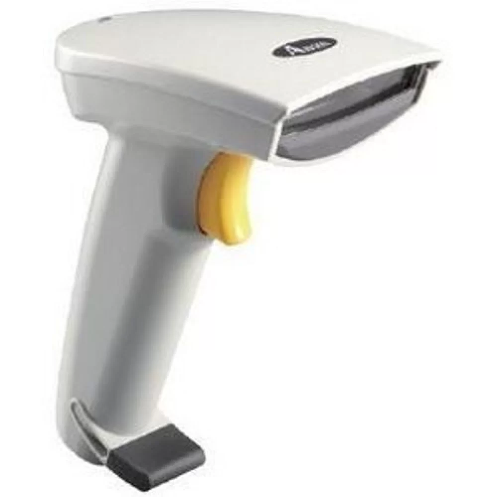 A white and yellow barcode scanner  Description automatically generated