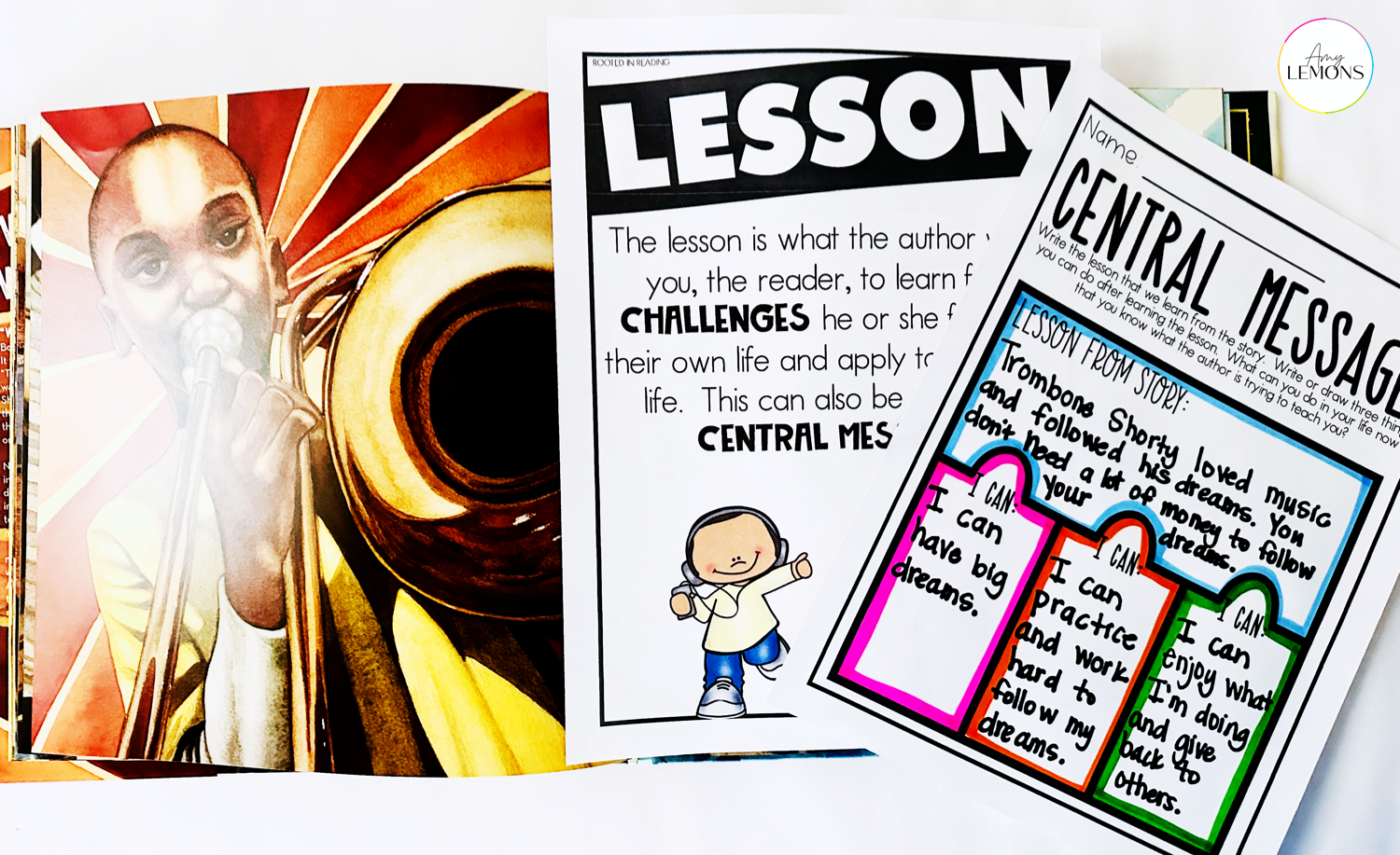 The book Trombone Shorty with reading comprehension lesson plans and activities.