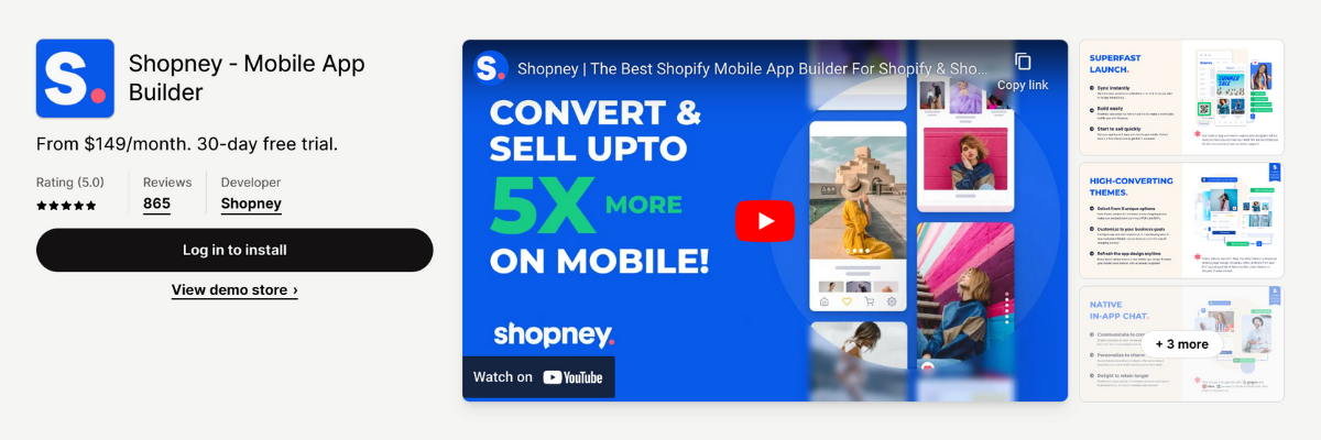 shopify app store listing page of Shopney ‑ Mobile App Builder