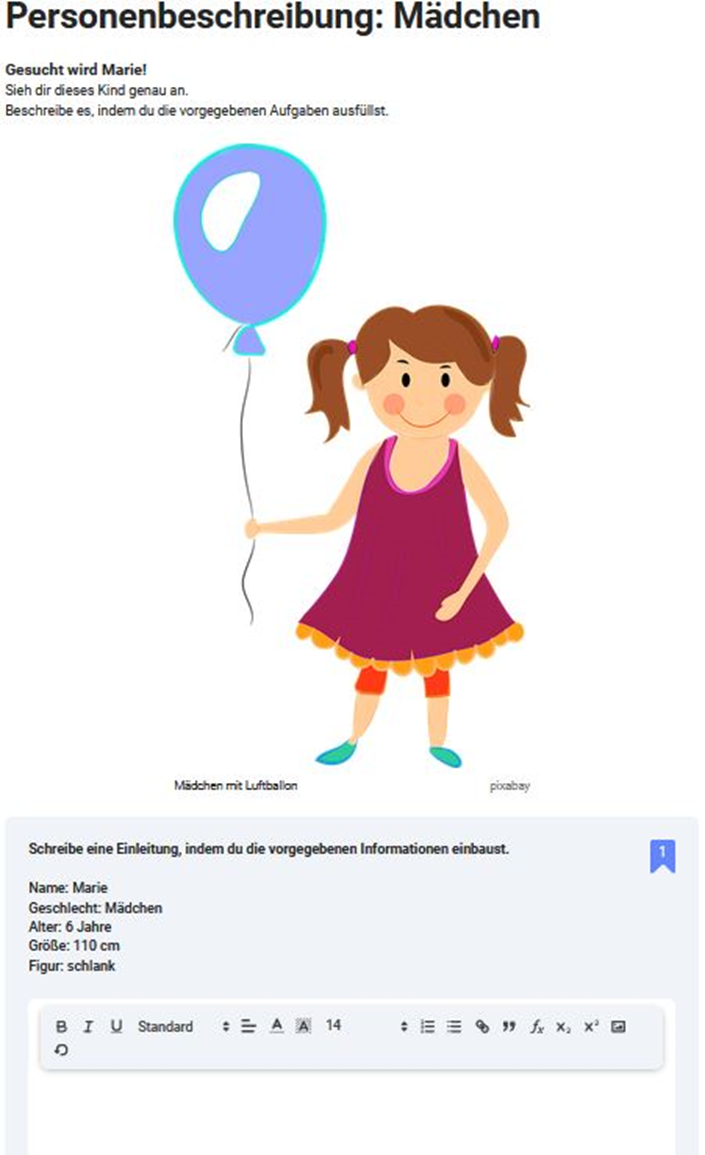 Eduki Interactive mit einer Übung zur Personenbeschreibung mit dem Fokus auf ein Mädchen namens Marie. Oben auf der Seite steht der Titel 'Personenbeschreibung: Mädchen'. Darunter ist ein illustriertes Bild von einem Mädchen mit braunen Haaren, das ein violettes Kleid trägt und einen blauen Luftballon hält. Die Anweisung fordert dazu auf, das Mädchen zu beschreiben, indem man die vorgegebenen Informationen in eine Einleitung einbaut. Folgende Informationen sind gegeben: Name: Marie, Geschlecht: Mädchen, Alter: 6 Jahre, Größe: 110 cm, Figur: schlank. Unterhalb des Bildes befindet sich ein Textfeld für die Eingabe der Beschreibung.
