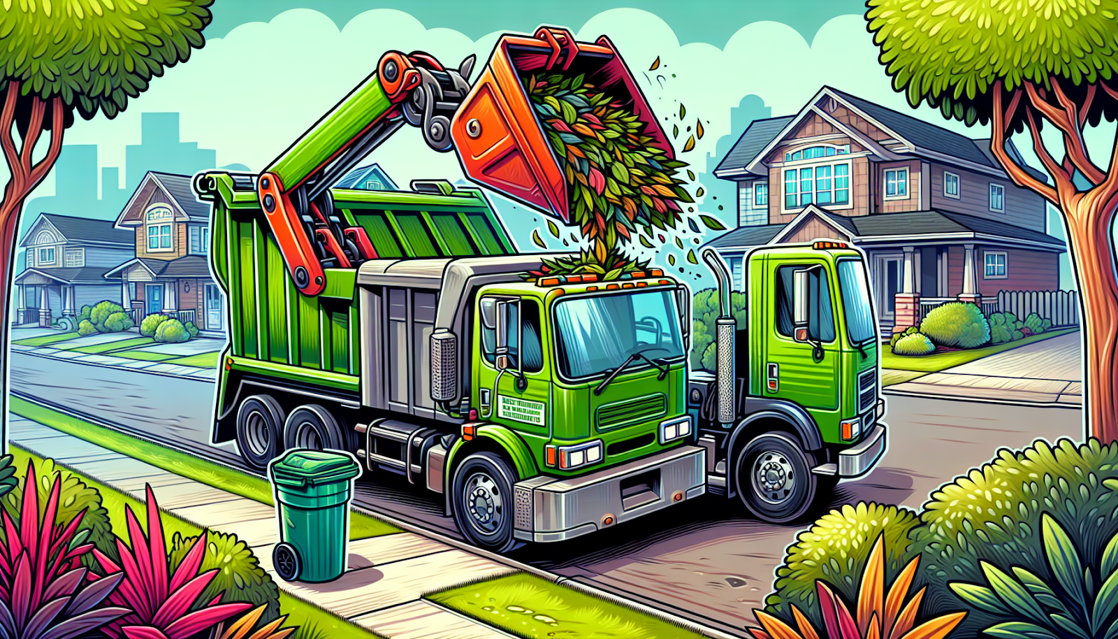 A waste collection truck picking up yard waste bins at the curbside