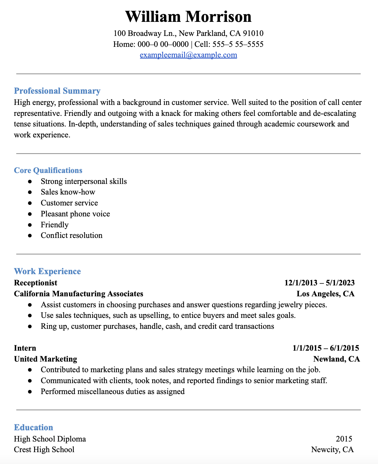 call center resume examples, entry-level call center agent template