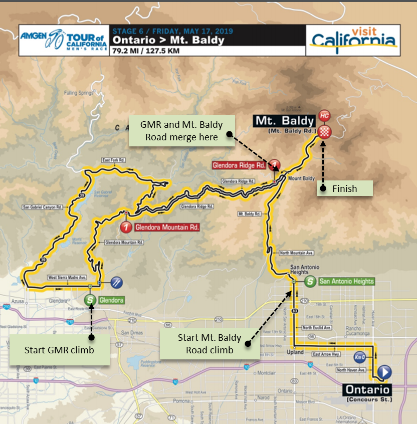 Amgen Tour of California - Map with bike climb details for May 17, 2019 Stage 6