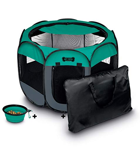 3.คอกสุนัขสำหรับพกพา Ruff ‘n Ruffus Portable Foldable Pet Playpen, Carrying Case & Collapsible Travel Bowl