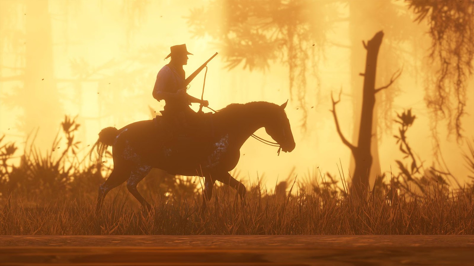 A screenshot of Arthur Morgan riding a horse from Red Dead Redemption 2. 