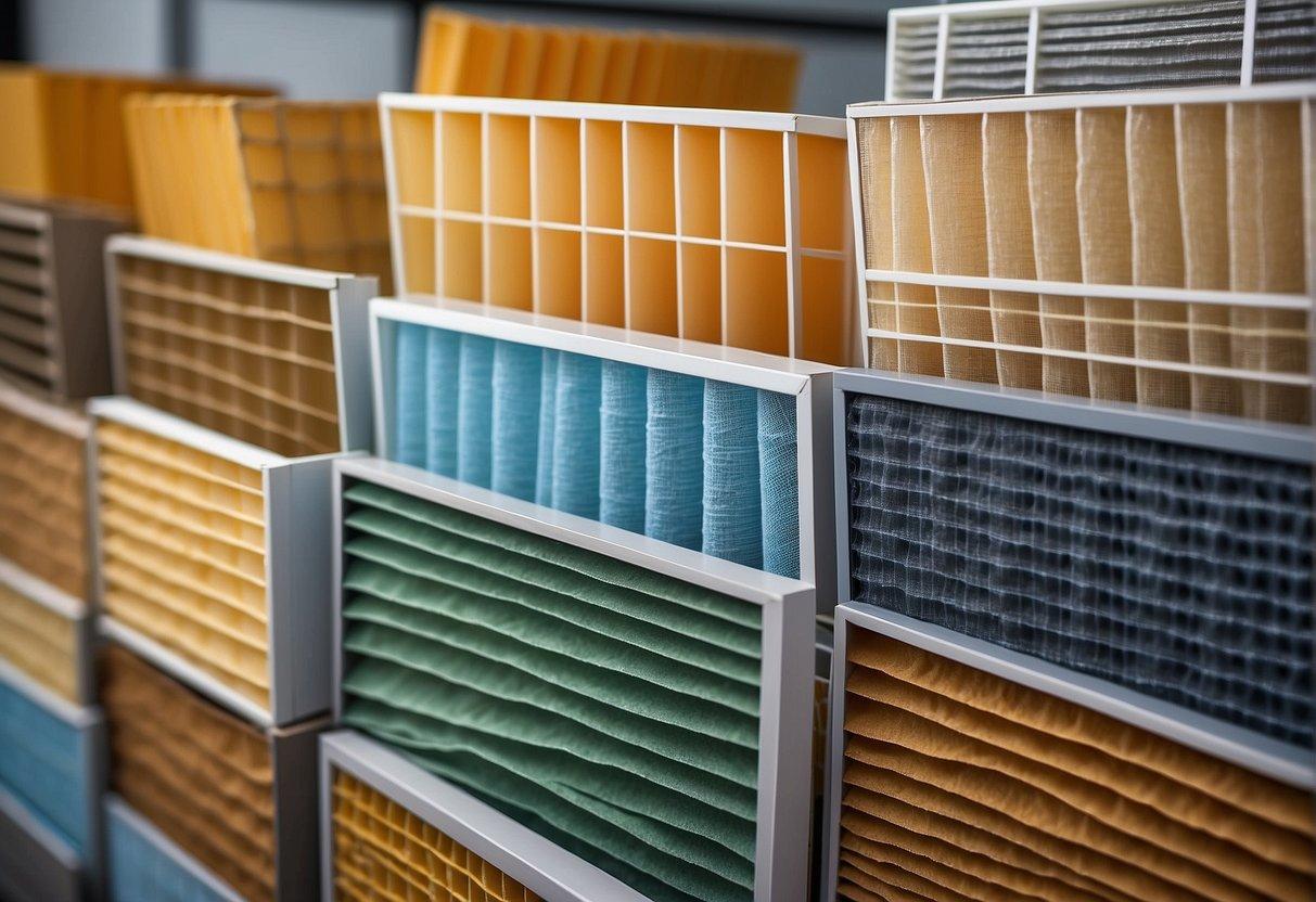 Various home AC air filters: fiberglass, pleated, HEPA, and electrostatic. Sizes range from small to large. Filter frames are typically made of cardboard, plastic, or metal