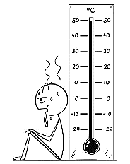 A cartoon of a person sitting next to a thermometer

Description automatically generated
