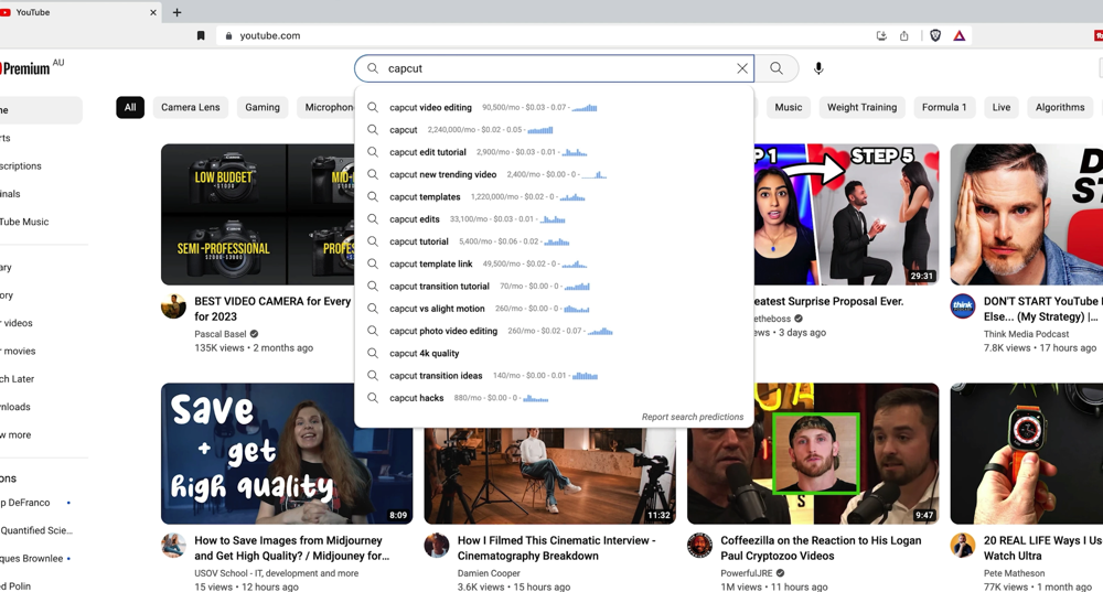 "capcut" in YouTube Search bar with multiple results showing with Keywords Everywhere data