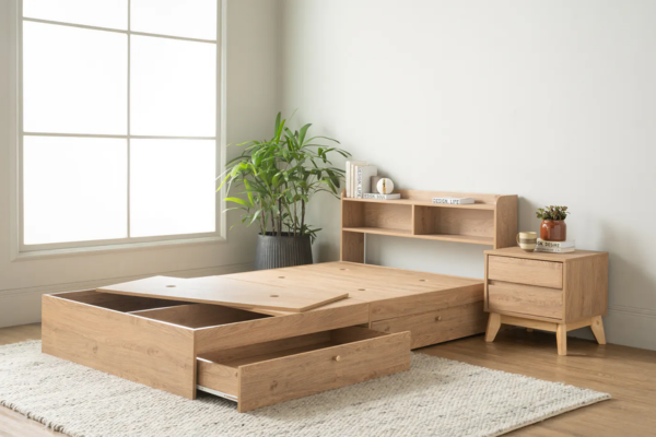 Wooden super single bed frame with a storage headboard and under bed storage.