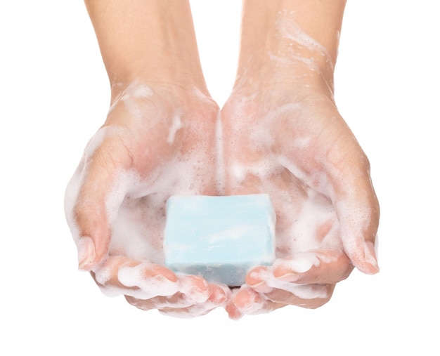 Washing hand with soap isolated on white background