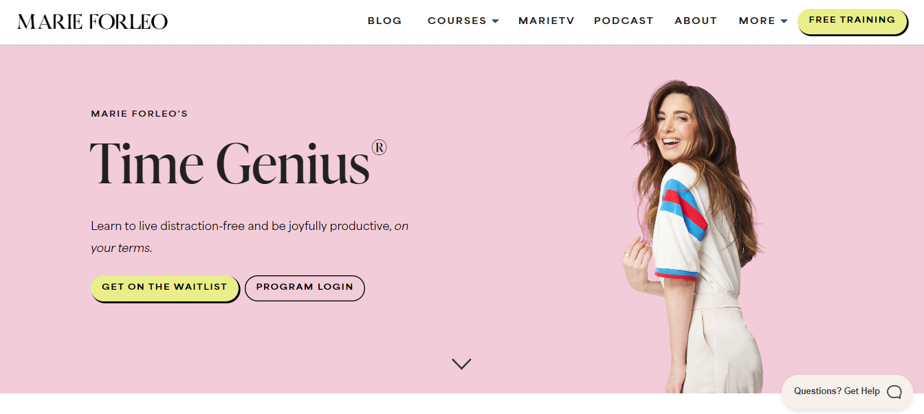 Time Genius program home page with Marie Forleo.
