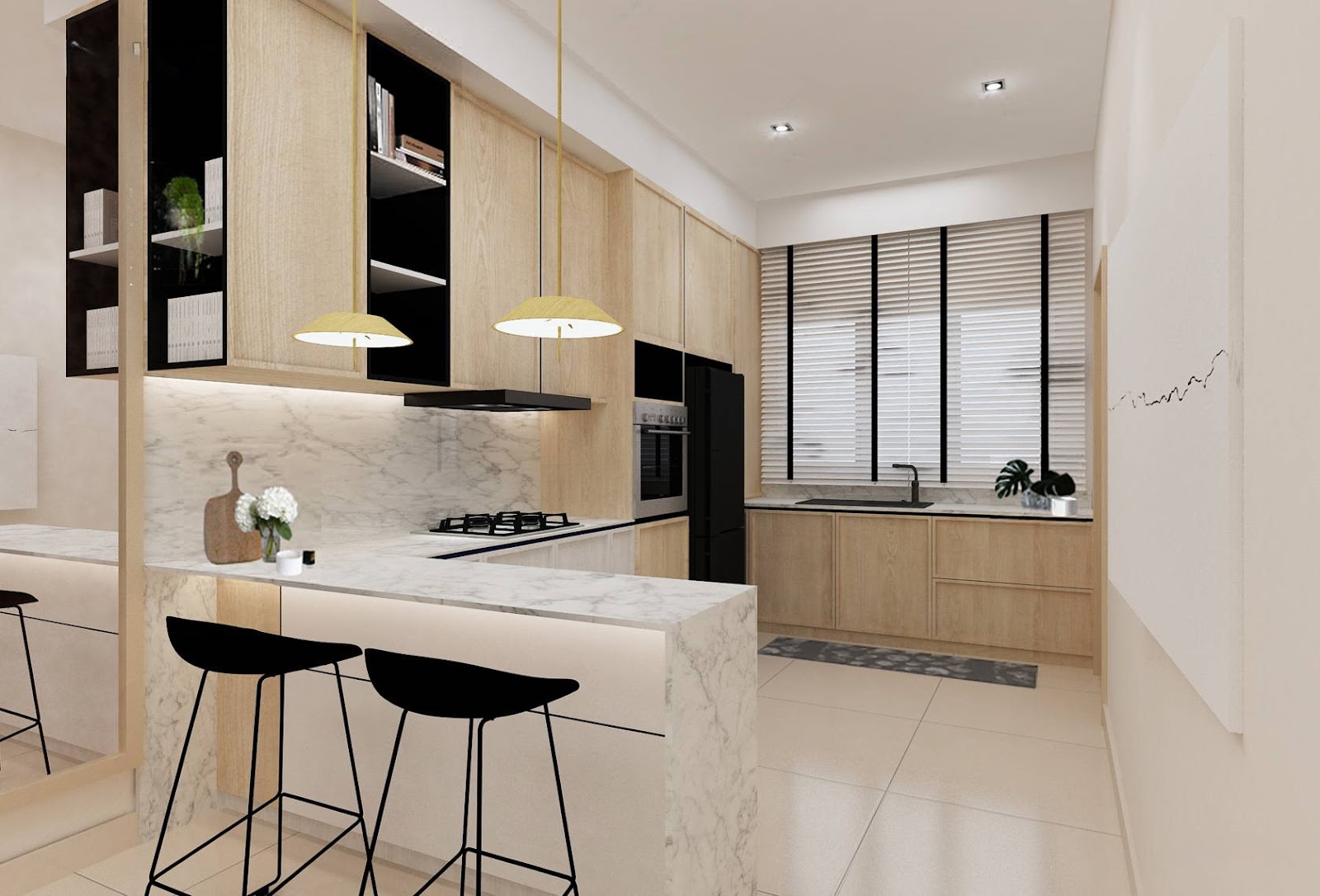 Modern Open-Concept Marble HDB maisonette Kitchen Design 