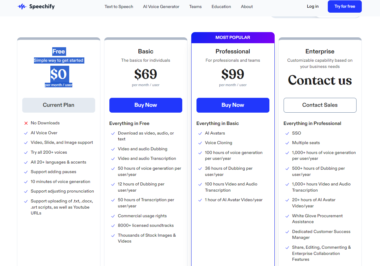 Pricing Plans for Speechify 